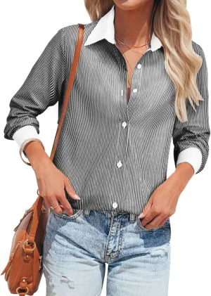 siliteelon Womens Cotton Button Down Shirts Striped Dress Shirts Pinstripes Long Sleeve Collared Blouses Colorblock Tops