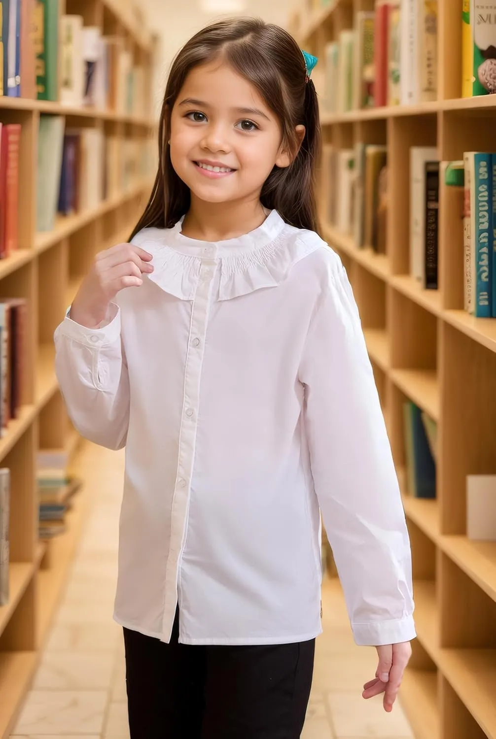 SOLOCOTE Girls White Blouse Ruffle Long Sleeve Button Down Shirts Princess Cotton Loose Soft Tops Spring and Summer 3-14Y