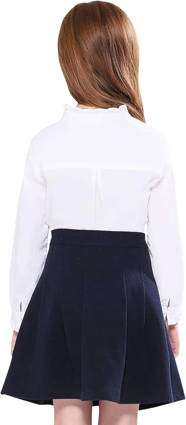 SOLOCOTE Girls White Blouse Ruffle Long Sleeve Button Down Shirts Princess Cotton Loose Soft Tops Spring and Summer 3-14Y