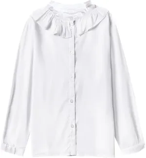 SOLOCOTE Girls White Blouse Ruffle Long Sleeve Button Down Shirts Princess Cotton Loose Soft Tops Spring and Summer 3-14Y