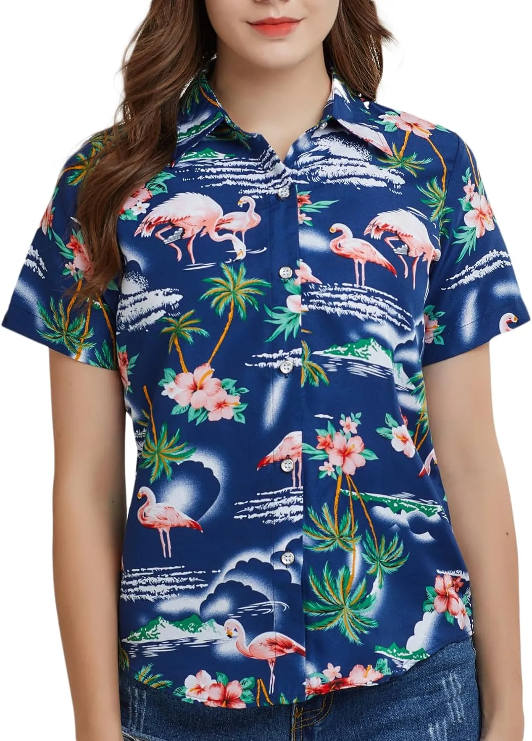 SSLR Hawaiian Shirts for Women Flamingo Shirt Tropical Shirts for Women Summer Casual Short Sleeve