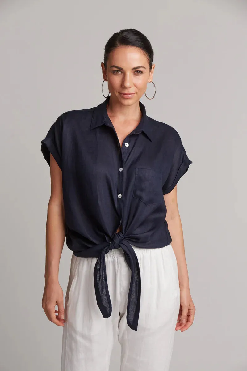 Studio Tie Front Linen Shirt - Navy
