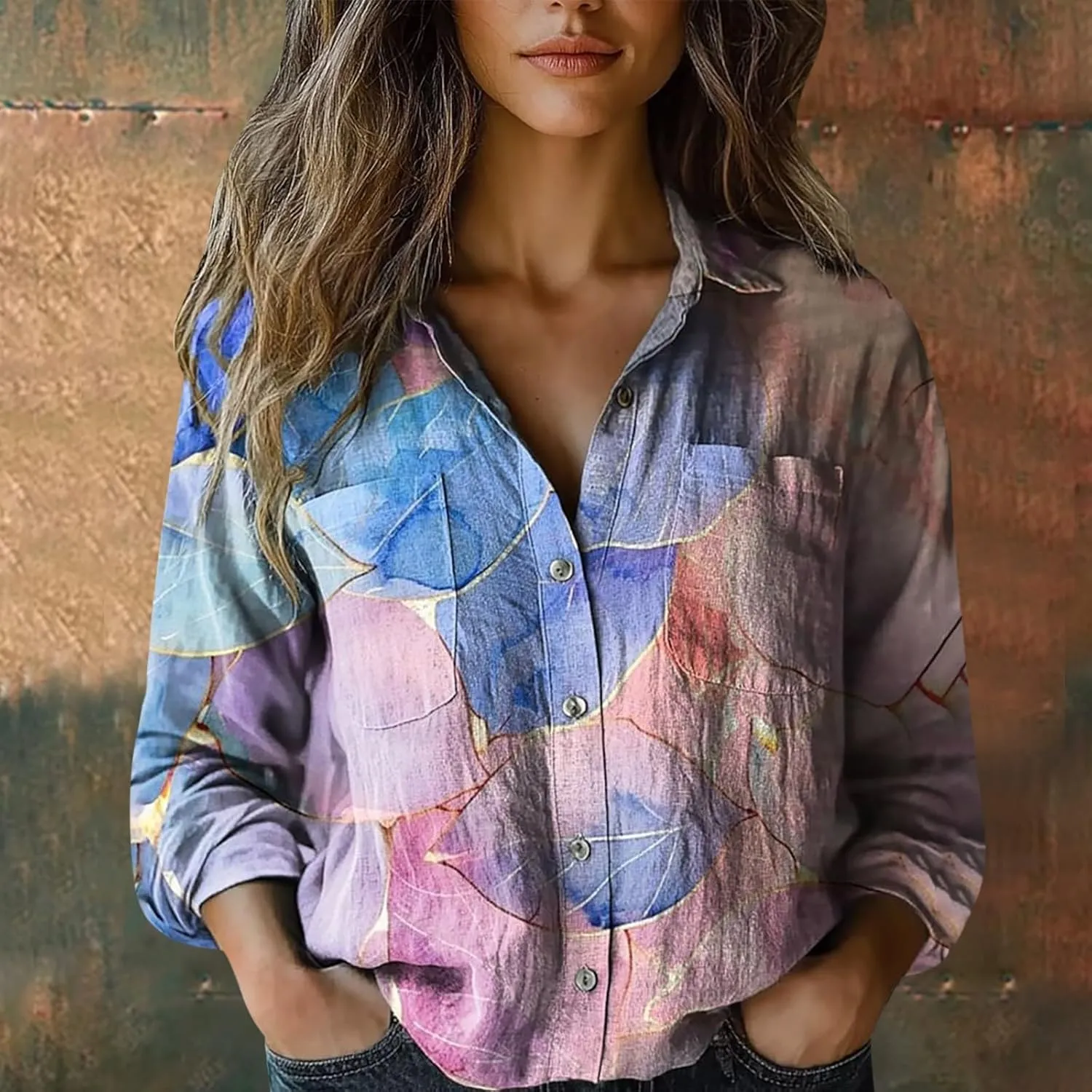 Vintage Boho Tops for Women Floral Print Shirt Casual Long Sleeve Button Down Blouses Dressy T-Shirts with Pocket