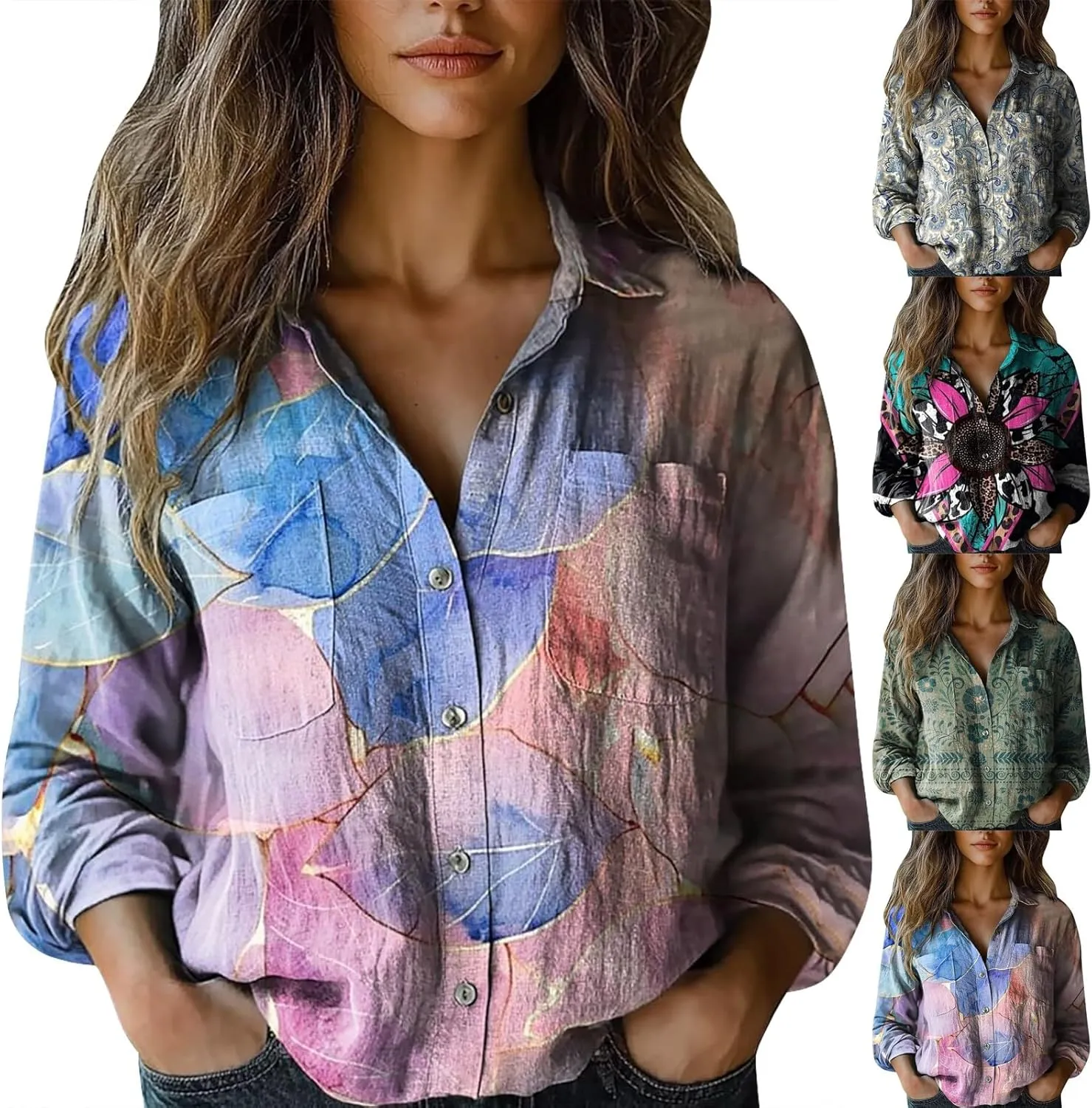Vintage Boho Tops for Women Floral Print Shirt Casual Long Sleeve Button Down Blouses Dressy T-Shirts with Pocket