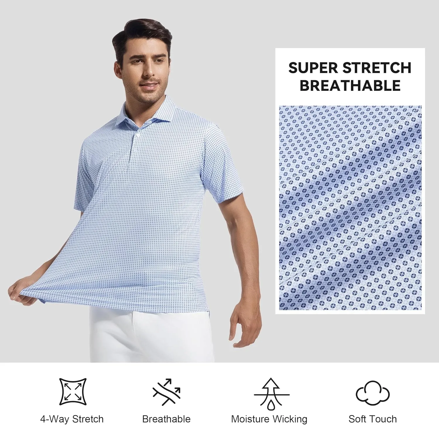 WARHORSEE Mens Golf Shirt Short Sleeve Super Stretch Printed Golf Polo Moisture Wicking Dry Fit Polo Shirts for Men