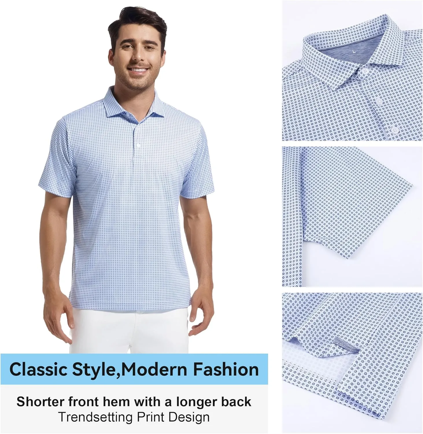 WARHORSEE Mens Golf Shirt Short Sleeve Super Stretch Printed Golf Polo Moisture Wicking Dry Fit Polo Shirts for Men