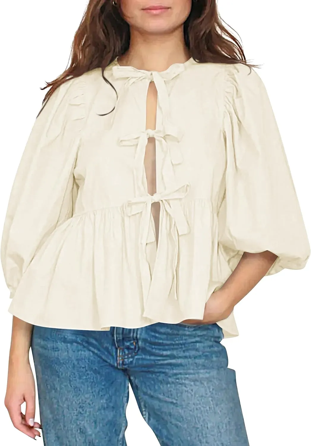 Women Cute Puff Sleeve Bow Tie Front Peplum Tops Ruffle Vacation Babydoll Blouse Shirts Summer Going Out Outfits