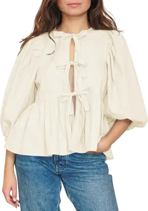 Women Cute Puff Sleeve Bow Tie Front Peplum Tops Ruffle Vacation Babydoll Blouse Shirts Summer Going Out Outfits