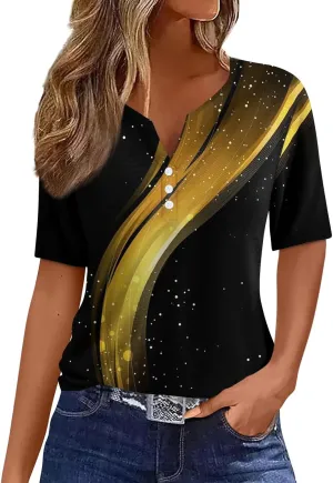 Women Short Sleeve Tops 2024 Summer Casual V Neck Pullover Fashion Plus Size Blouse Tees Printed Button T Shirt