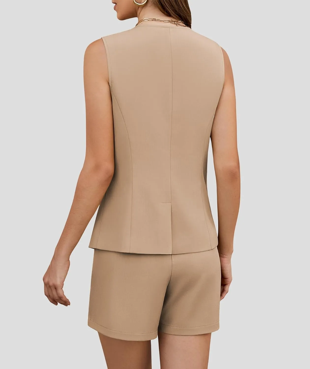 Women's 2 Piece Blazer Suit Set Summer Business Matching Sets Crew Neck Button Vest Shorts Dressy Work Outfits