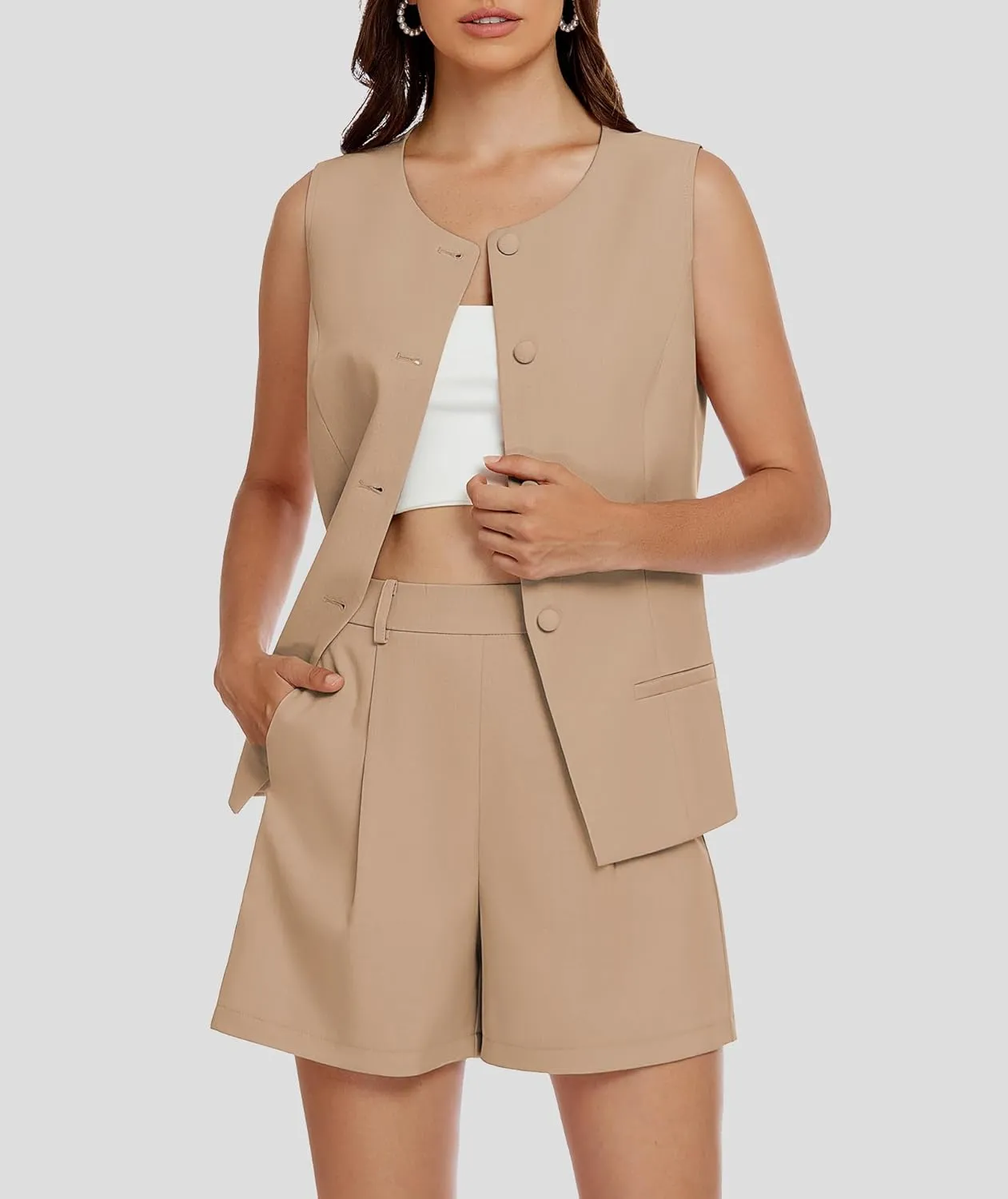 Women's 2 Piece Blazer Suit Set Summer Business Matching Sets Crew Neck Button Vest Shorts Dressy Work Outfits