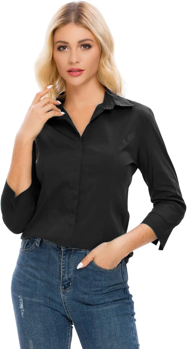 Womens Button Down Shirts Official Formal 3/4 Sleeve White Stretch Blouse Summer Dress Shirt