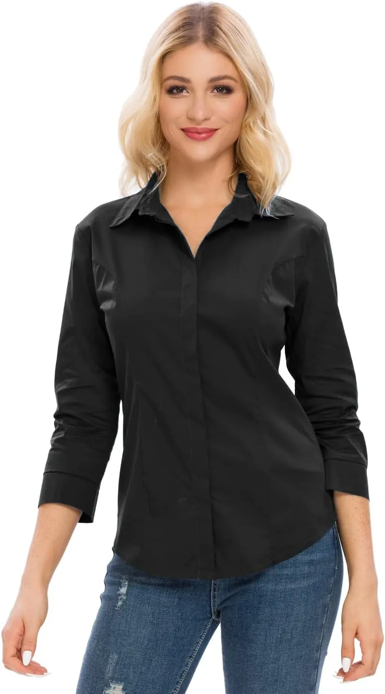 Womens Button Down Shirts Official Formal 3/4 Sleeve White Stretch Blouse Summer Dress Shirt