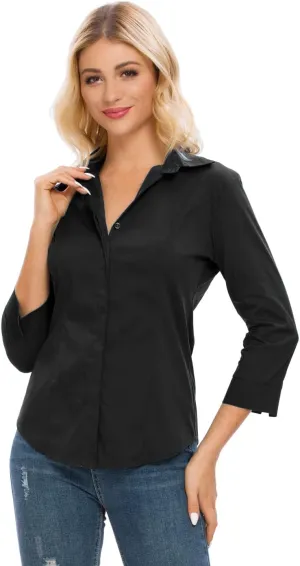 Womens Button Down Shirts Official Formal 3/4 Sleeve White Stretch Blouse Summer Dress Shirt