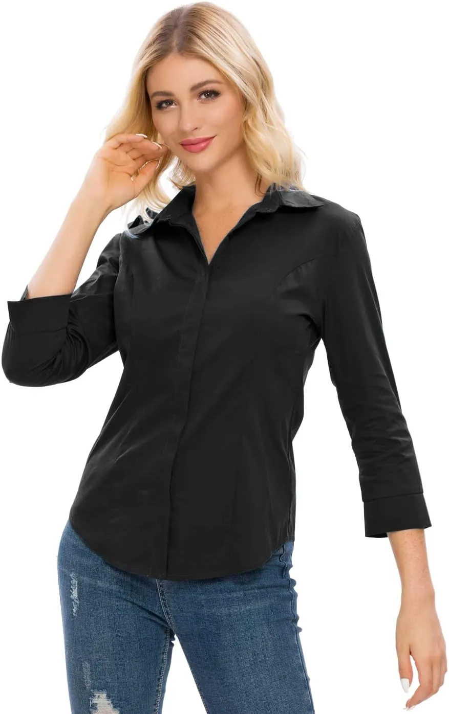 Womens Button Down Shirts Official Formal 3/4 Sleeve White Stretch Blouse Summer Dress Shirt