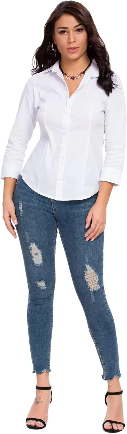 Womens Button Down Shirts Official Formal 3/4 Sleeve White Stretch Blouse Summer Dress Shirt