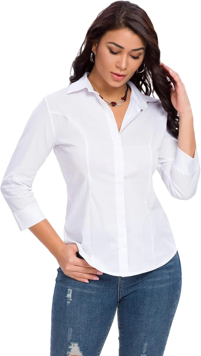 Womens Button Down Shirts Official Formal 3/4 Sleeve White Stretch Blouse Summer Dress Shirt