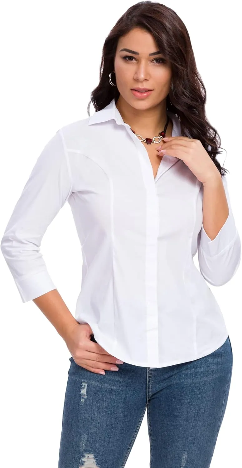 Womens Button Down Shirts Official Formal 3/4 Sleeve White Stretch Blouse Summer Dress Shirt