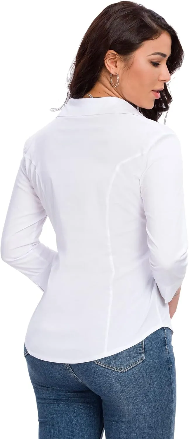 Womens Button Down Shirts Official Formal 3/4 Sleeve White Stretch Blouse Summer Dress Shirt