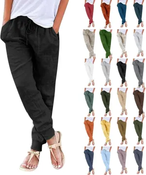 Womens Cotton Linen Pants Summer Drawstring Elastic Waist Pant Casual Linen Tapered Pants with Pockets