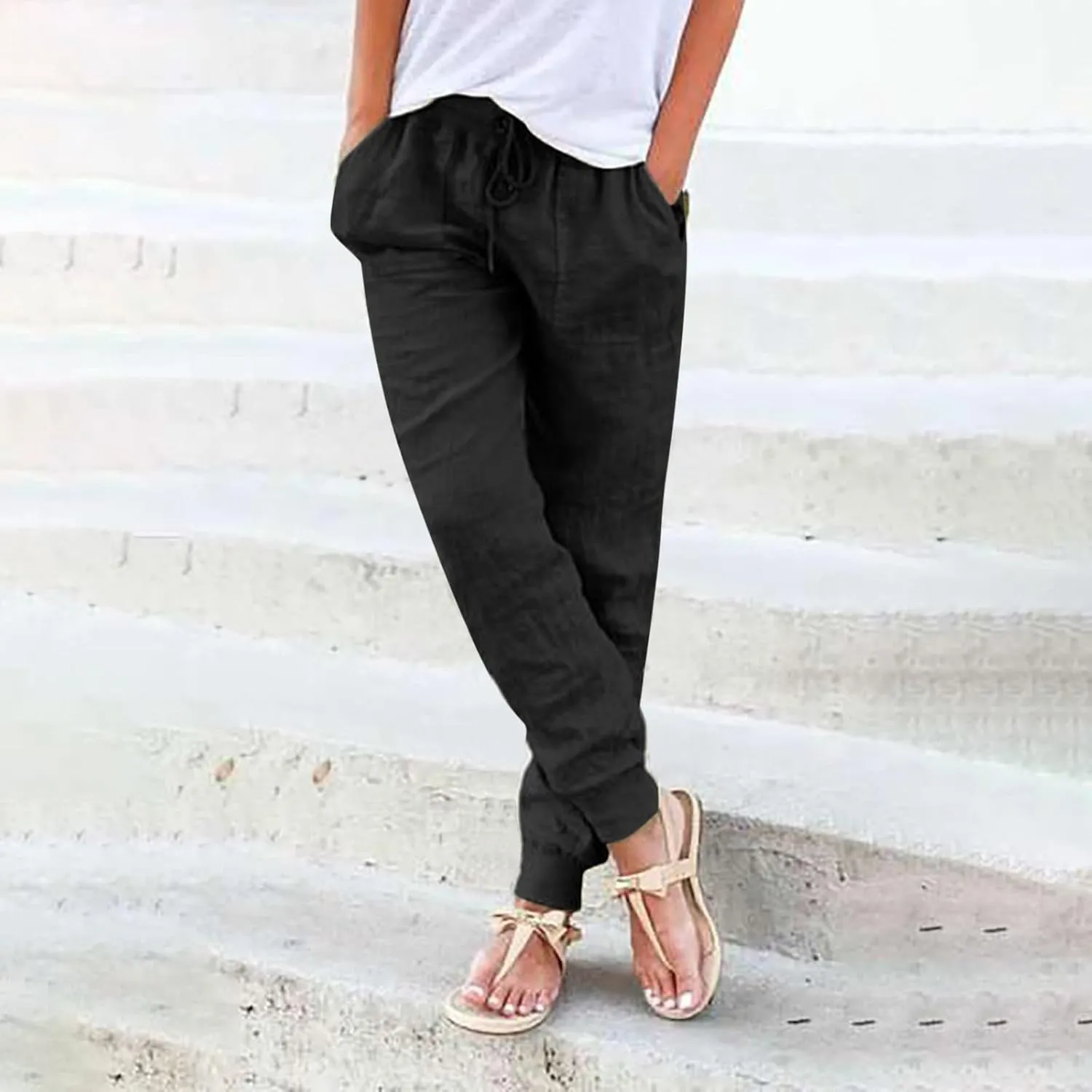 Womens Cotton Linen Pants Summer Drawstring Elastic Waist Pant Casual Linen Tapered Pants with Pockets