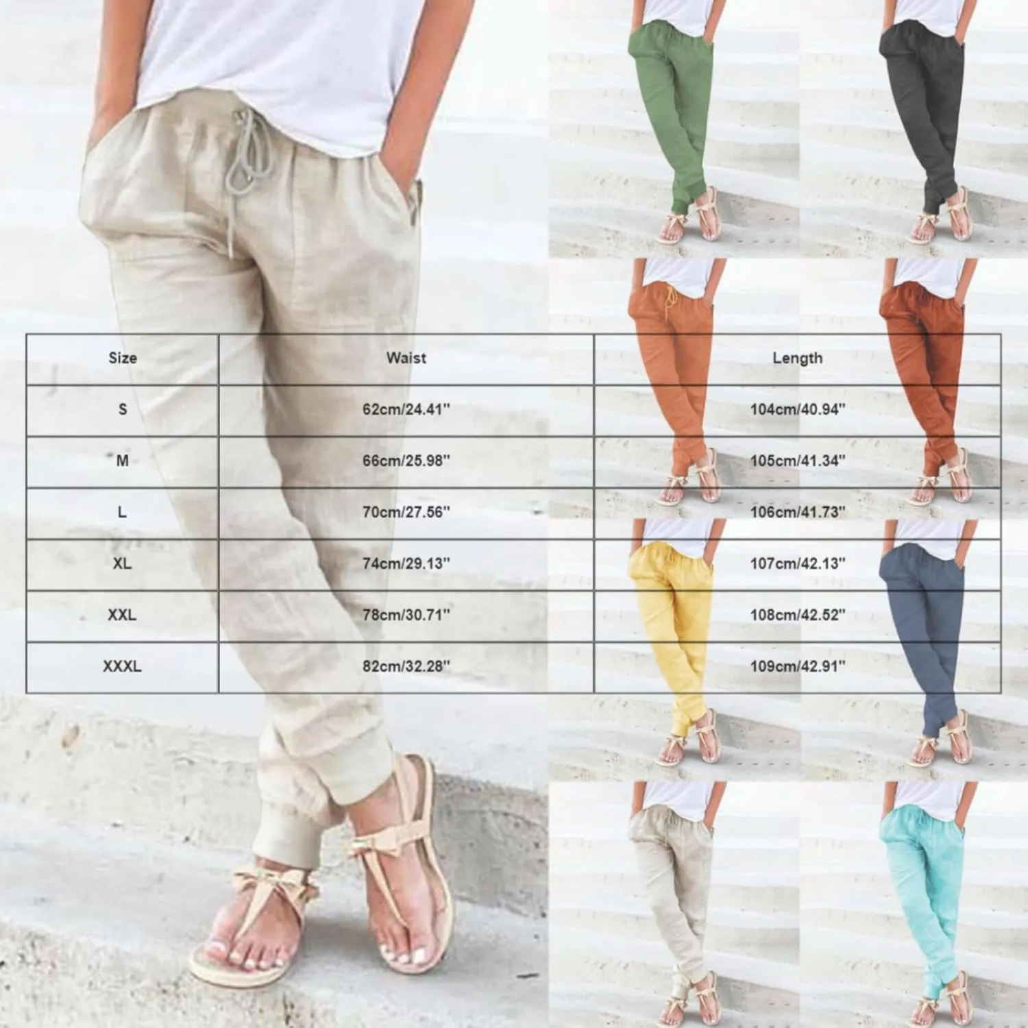 Womens Cotton Linen Pants Summer Drawstring Elastic Waist Pant Casual Linen Tapered Pants with Pockets