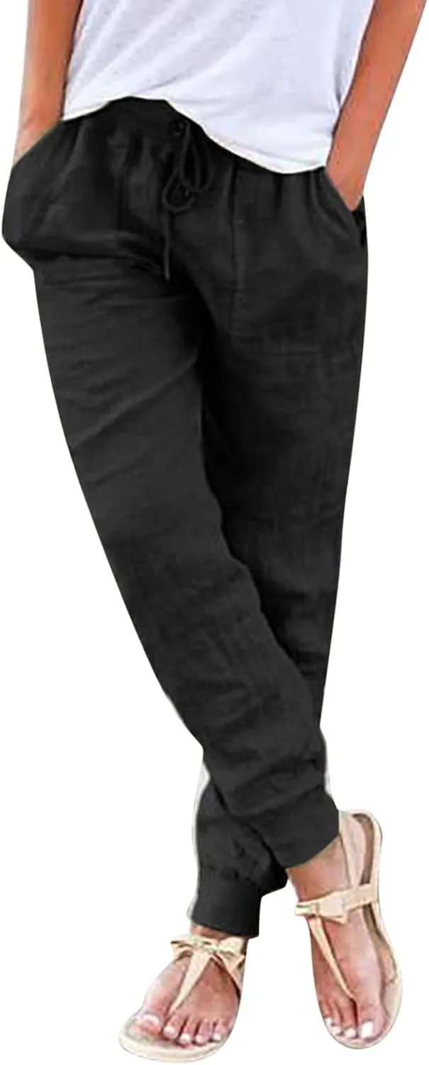 Womens Cotton Linen Pants Summer Drawstring Elastic Waist Pant Casual Linen Tapered Pants with Pockets