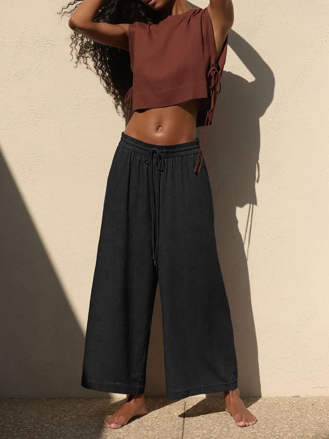 Women's High Waist Wide Leg Linen Blend Ankle Pants, Relaxed Cropped Trousers with Side Pockets, Fit for Casual Wear