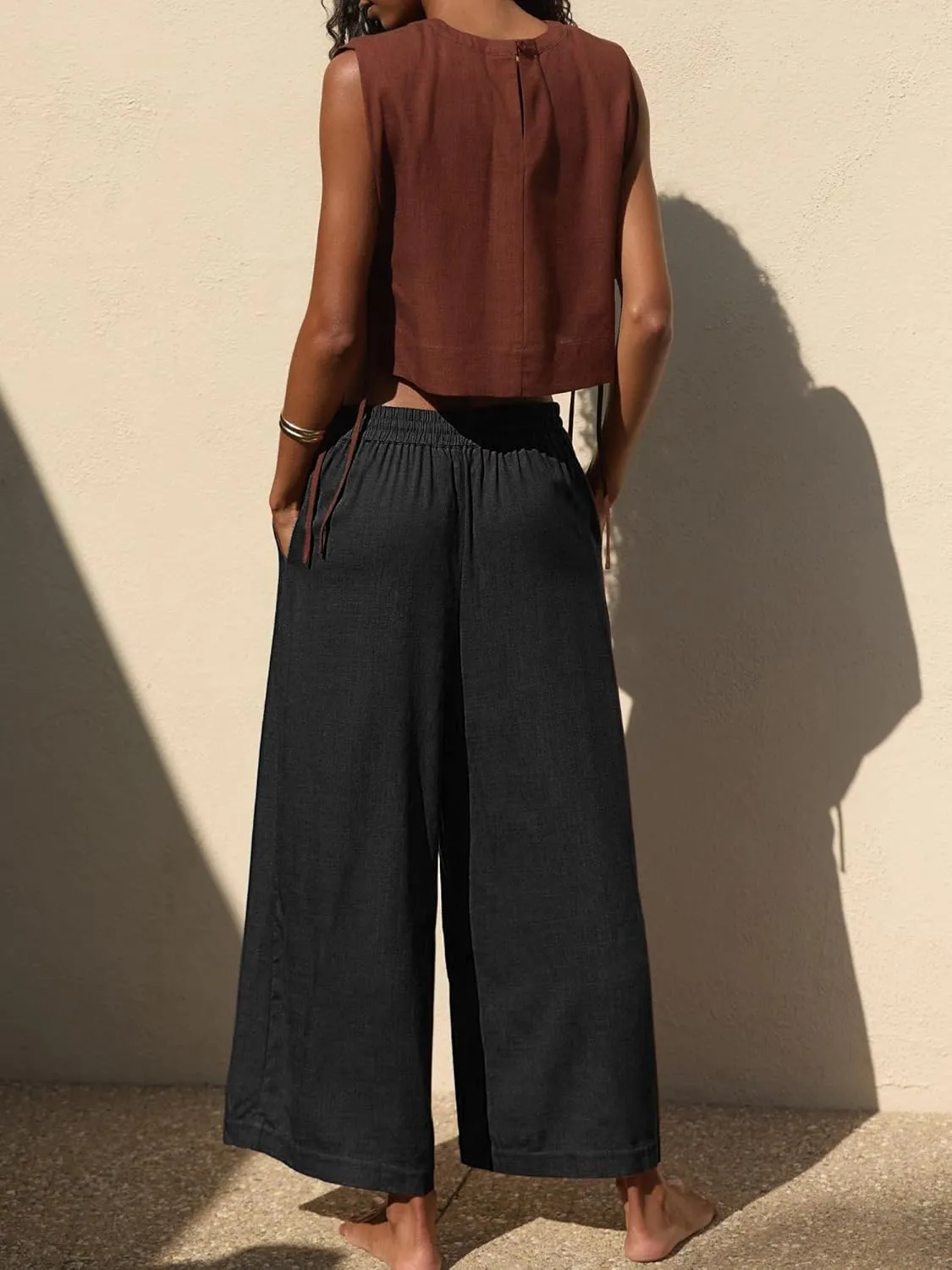 Women's High Waist Wide Leg Linen Blend Ankle Pants, Relaxed Cropped Trousers with Side Pockets, Fit for Casual Wear