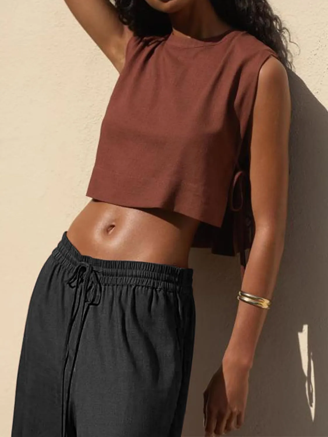 Women's High Waist Wide Leg Linen Blend Ankle Pants, Relaxed Cropped Trousers with Side Pockets, Fit for Casual Wear