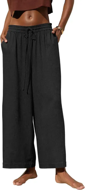 Women's High Waist Wide Leg Linen Blend Ankle Pants, Relaxed Cropped Trousers with Side Pockets, Fit for Casual Wear