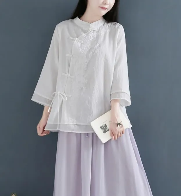 Women's Linen Traditional Retro Chinese Embroidered Frog Button Tops Mandarin Collar Blouse Long Sleeve Shirts Casual
