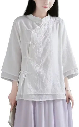 Women's Linen Traditional Retro Chinese Embroidered Frog Button Tops Mandarin Collar Blouse Long Sleeve Shirts Casual