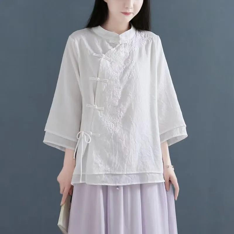 Women's Linen Traditional Retro Chinese Embroidered Frog Button Tops Mandarin Collar Blouse Long Sleeve Shirts Casual